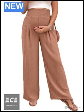Maternity Smocked Waist Palazzo Pants Wide Leg Pull On with Pockets